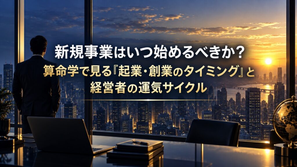 高層ビルから朝焼けの都市を眺める経営者の後ろ姿