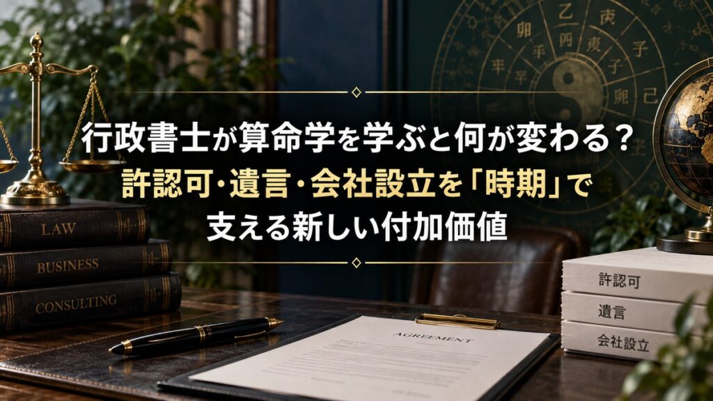 天秤と法律書、算命学の盤を配した行政書士向けコラムのアイキャッチ画像